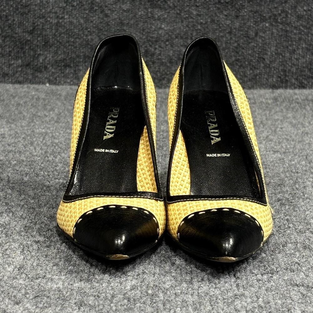 Prada Shoes Womens 5.5 EU 35.5 Beige Black Leather Woven Cap Toe Pumps Heels